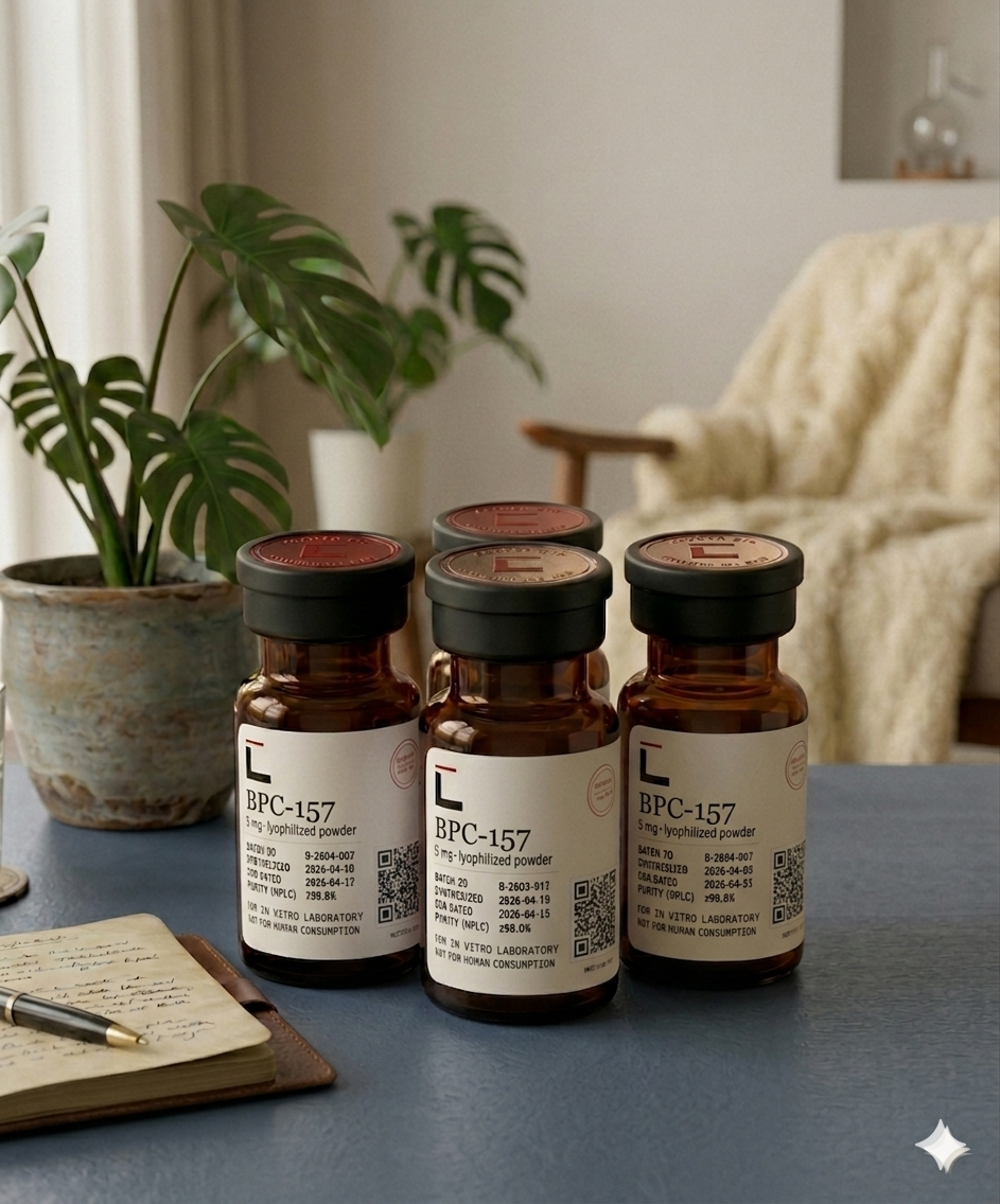 BPC-157 5 mg lyophilized peptide — amber glass vials with cream Ledger Bioscience labels and red wax-stamped caps, photographed on a dark surface