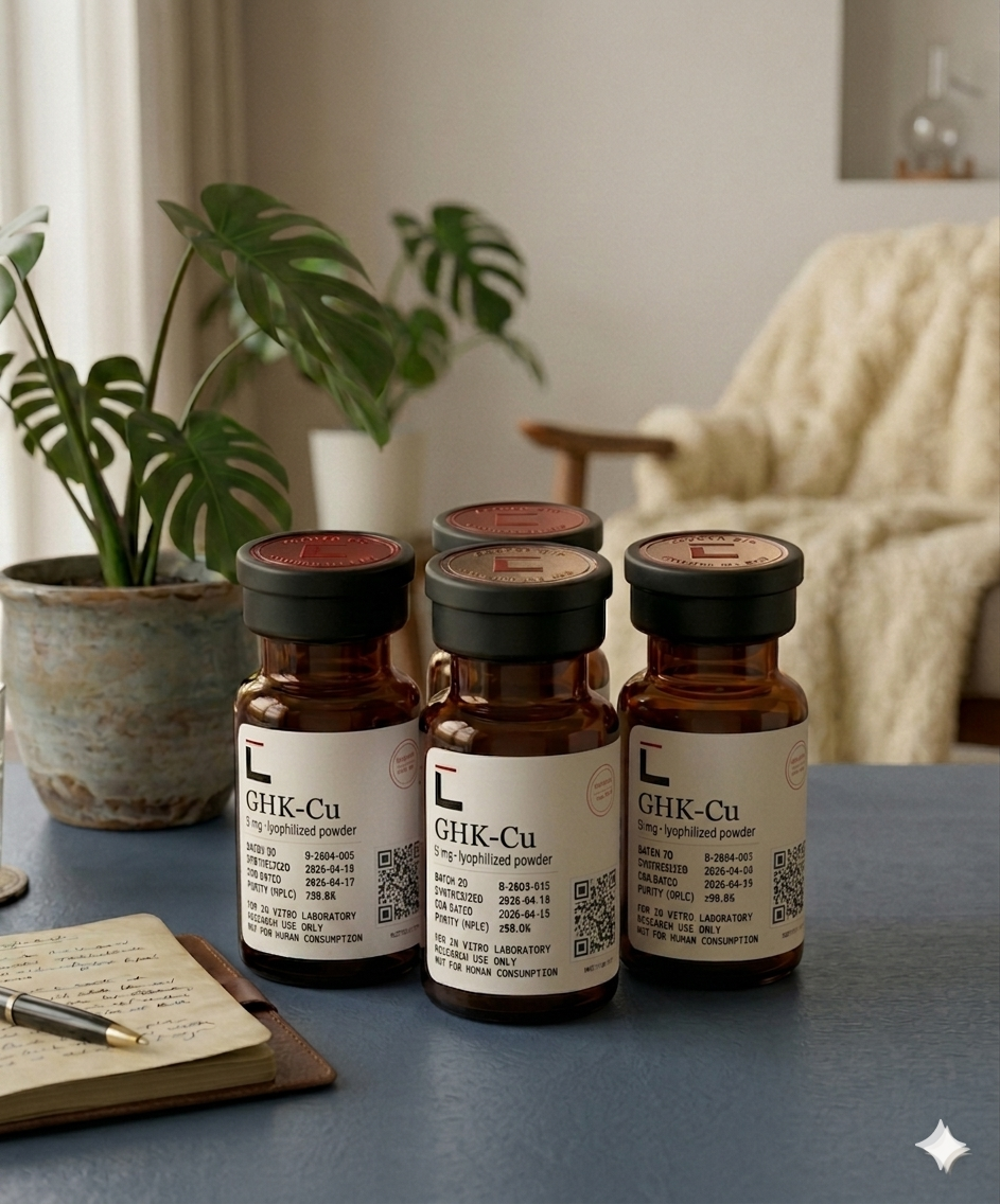 GHK-Cu 50 mg lyophilized peptide — amber glass vials with cream Ledger Bioscience labels and red wax-stamped caps, photographed on a dark surface