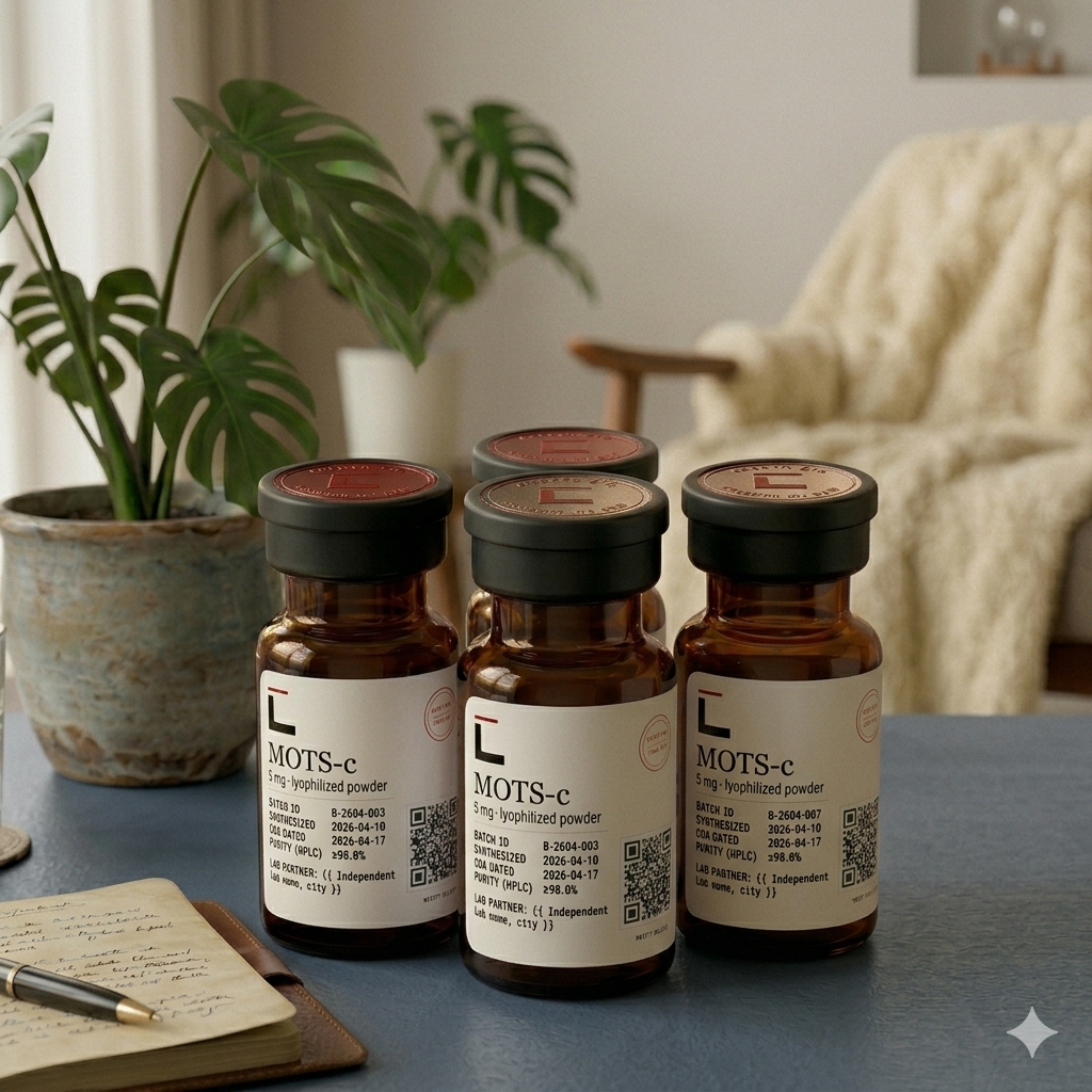 MOTS-c 5 mg lyophilized peptide — amber glass vials with cream Ledger Bioscience labels and red wax-stamped caps, photographed on a dark surface