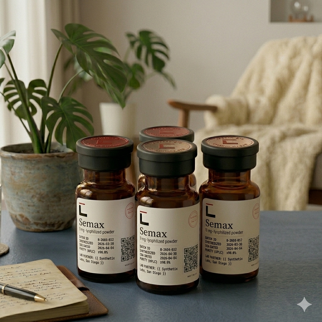 Semax 10 mg lyophilized peptide — amber glass vials with cream Ledger Bioscience labels and red wax-stamped caps, photographed on a dark surface